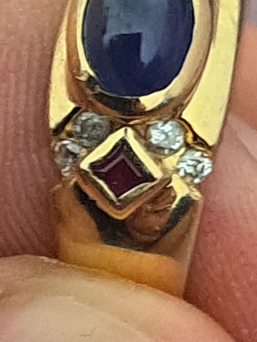 Inel 14 k Safir albastru+Diamante naturale+ Rubin