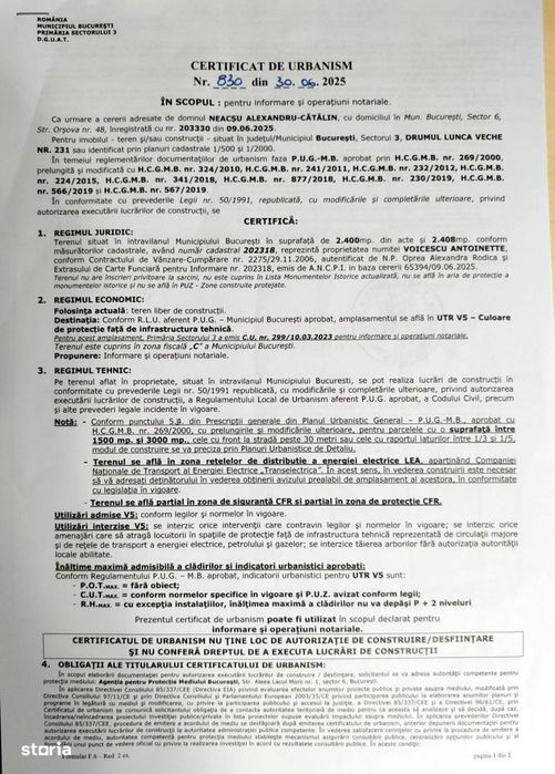 Proprietar! Teren Drumul Lunca Cetății 2400 mp -Paralel Splaiul Unirii
