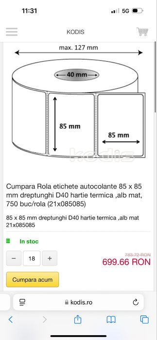 Vand 18 role hartie termica 85x85
