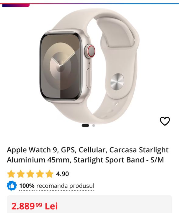 Apple Watch 9, Cellular, Carcasa Starlight, sigilat. Transport ZERO