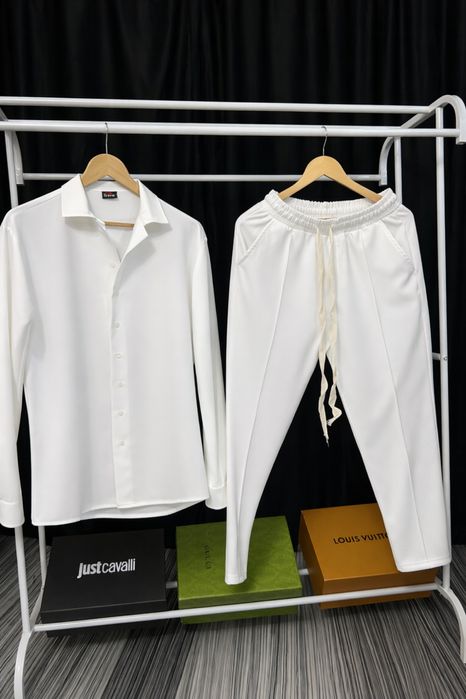 Compleu alb bărbați L – cămașă + pantaloni, elegant / casual premium