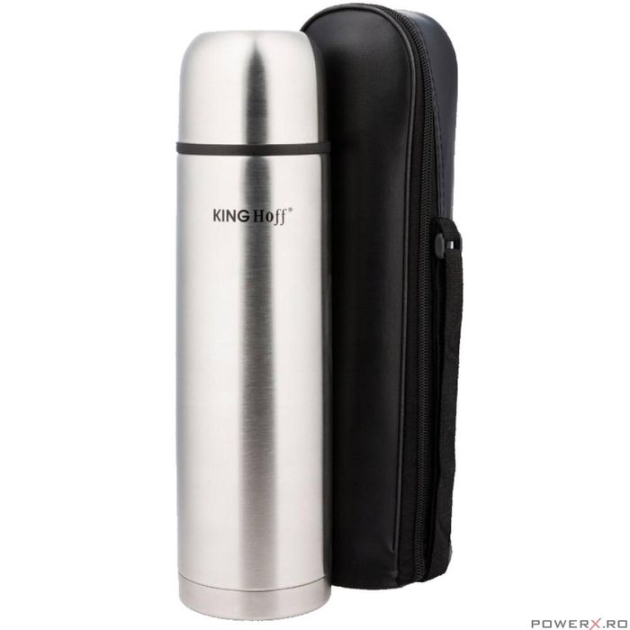 Termos argintiu, inox, capacitate 0,35l, cu husa neagra, Kinghoff
