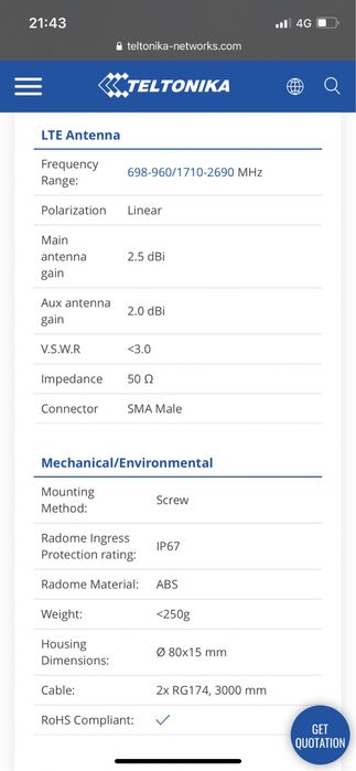 Antena LTE SMA 2,5 DBI