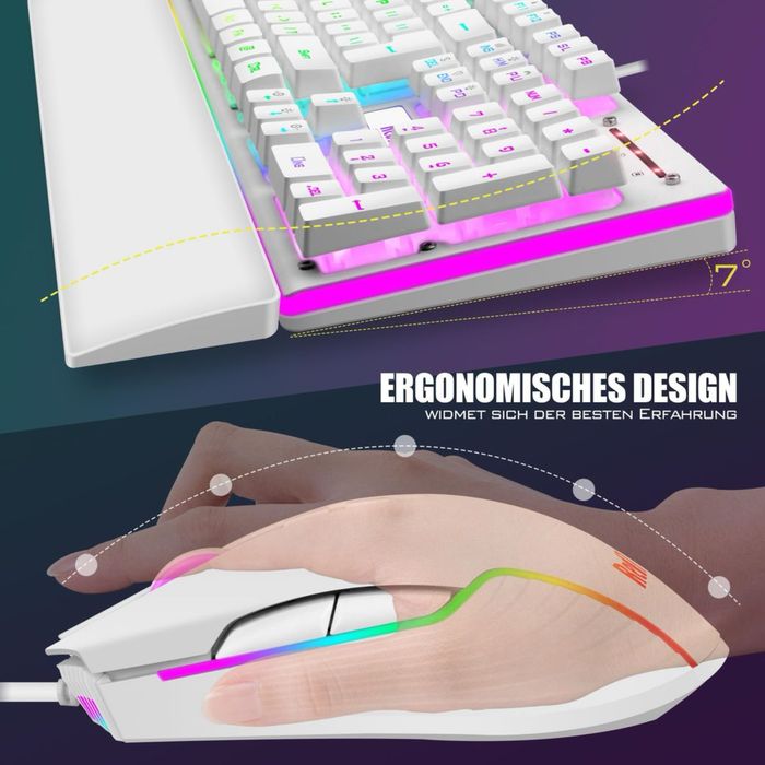 Set Tastatură și Mouse Gaming RedThunder K10 Iluminare RGB Ergonomică – Alb