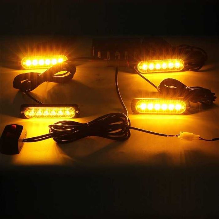 6 Led 4 бр Аварийна Лампа Жълта Блиц Светлина с Контролер 8 Режима 12V