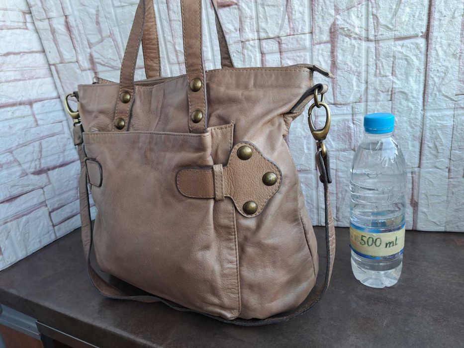 дамска чанта,бежова кожена торба-естествена кожа