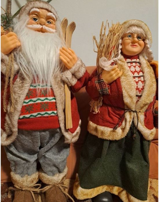 Pereche figurina papusa decoratiune Moș Crăciun și Doamna Lady Crăciun 60 cm înălțime