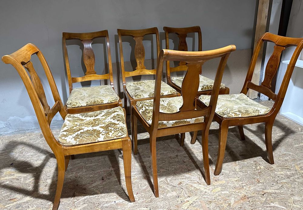 Set 6 Scaune Vintage din lemn Stil Biedermeier; Scaun cu sezut tapitat