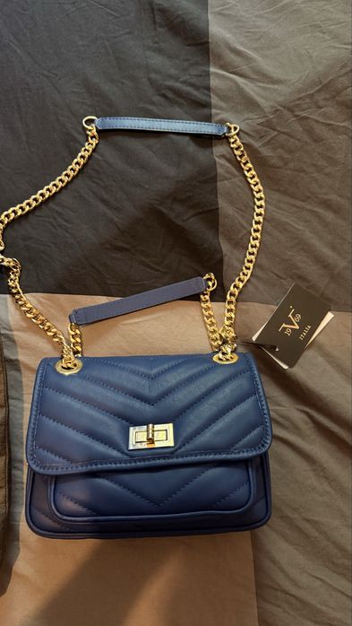 Geantă de mână albastră din piele pentru femei V Italia by Versace 1969, culoare albastru