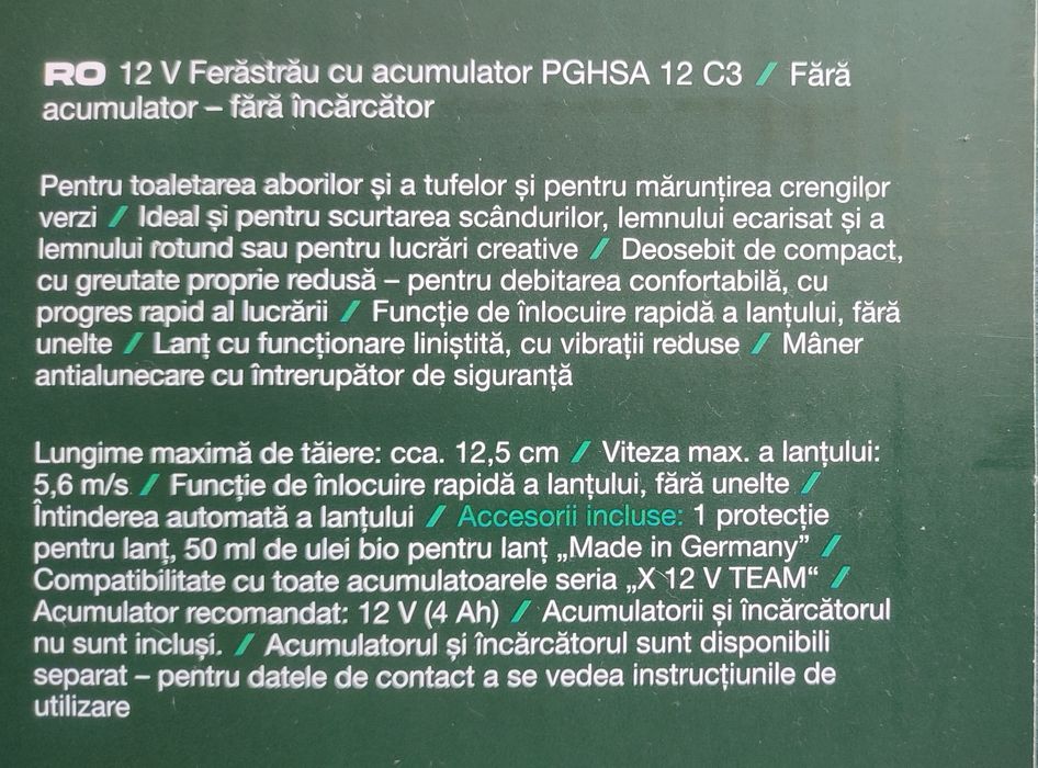 Mini-drujbă electrică 12V PGHSA 12 C3