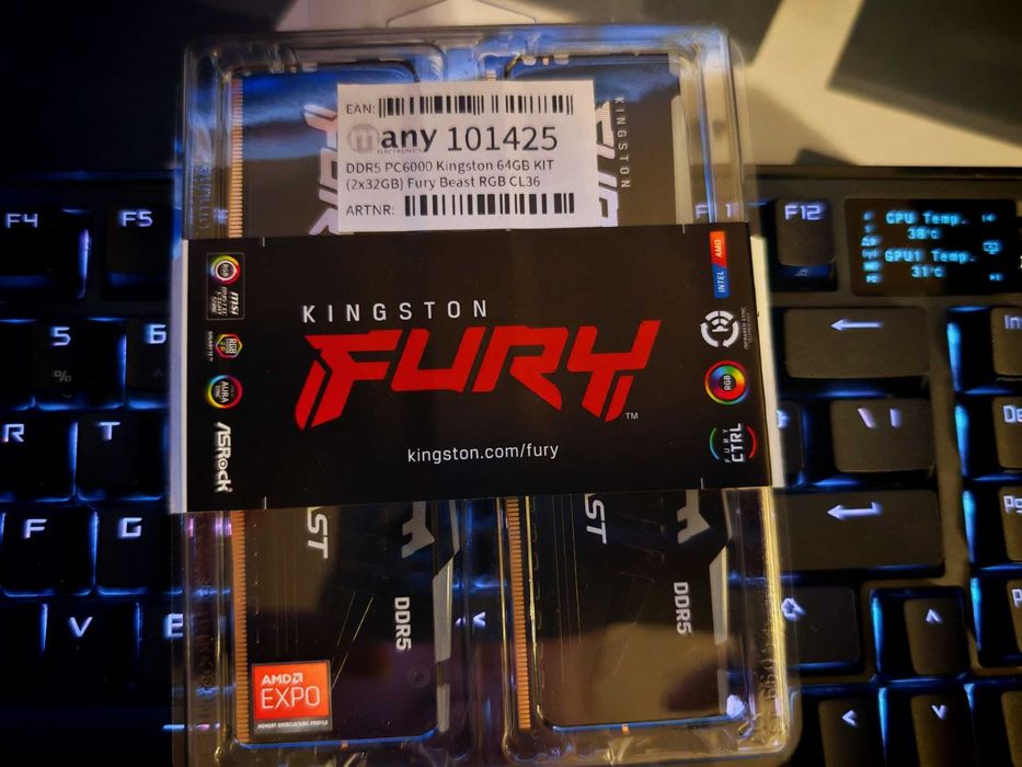 Рам памет Kingston FURY Beast Black RGB 64GB (2x32GB) DDR5 6000MHz