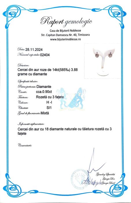 Cercei vechi din aur de 14K si 0.90 ct Diamante naturale cu certifica