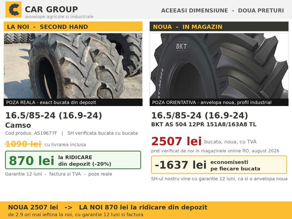 Cauciucuri Anvelope 16.5/85-24 16.5 85 24 1658524 16.5 85-24 16.9-24 Camso Buldo Incarcator Utilaje Diagonal SH Second Hand IEFTIN Garantie 1 An