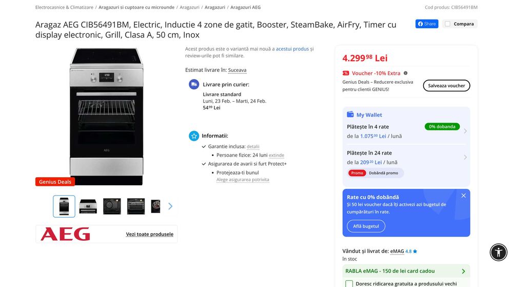 Aragaz AEG CIB56491BM, Electric, Inductie 4 zone, Clasa A, 50 cm, Inox