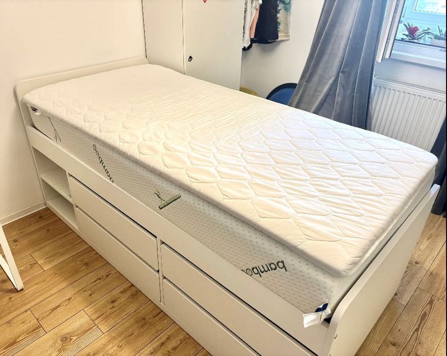 Cadru pat Slakt Ikea 90x200 cm cu depozitare+somiera+saltea+topper