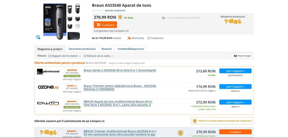 Aparat de tuns multifunctional Braun All-in-One Seria 3 AIO3540 8-in-1, Lama ultra ascutita 6 Piepteni, 1 Perie de curatare, 1 Saculet , 50 minute