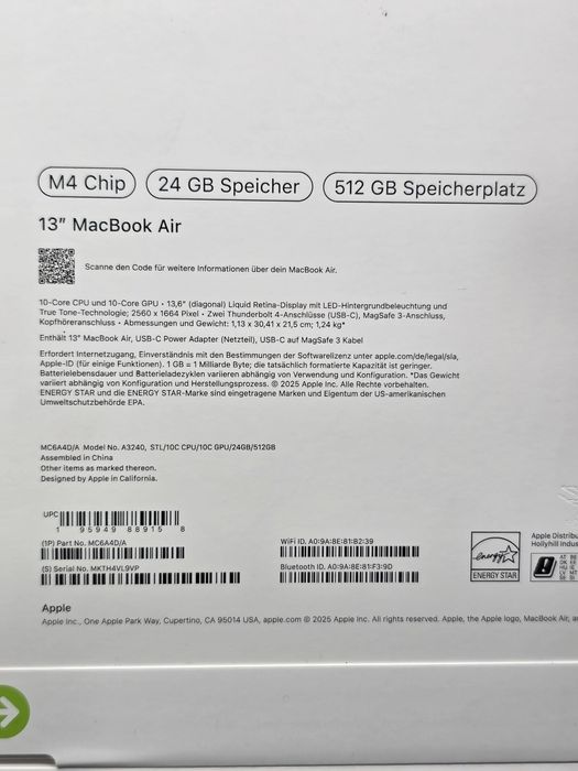 MacBook Air 13"/  M4/ 24gb Ram/ 512 SSD/ garantie/ SIGILAT