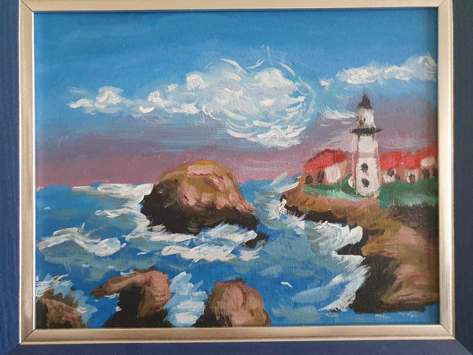 Картина морски пейзаж, фар акварел