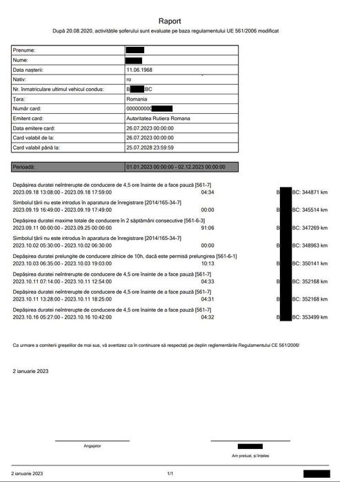 Serviciu analiza date tahograf, emitere raport contraventii sofer