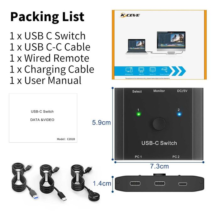 Switch USB-C 2 in 1 YOUTINGHDAV Switcher 2 Laptopuri 1 Monitor 4K 120Hz Video Alt DP Transfer 10Gbps Incarcare 100W PD Telecomanda Fir Produs Nou