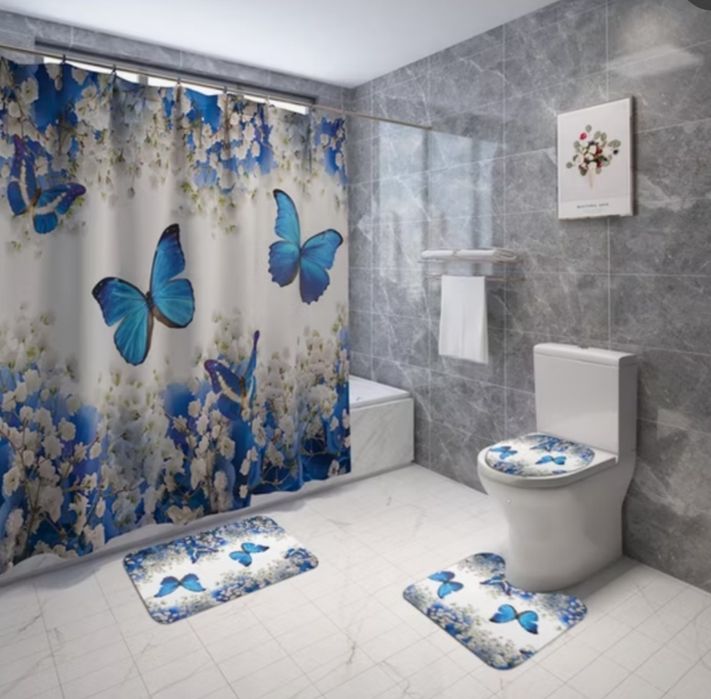 Комплект для ванной и туалета 4 в 1, коврики и шторка для ванной