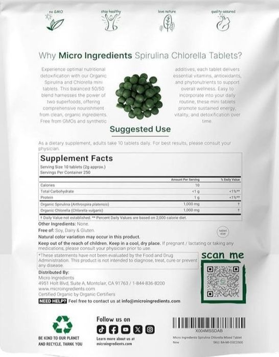 Spirulina Chlorella 50/50 mix,2500 tablet, chlorofresh, хлорелла