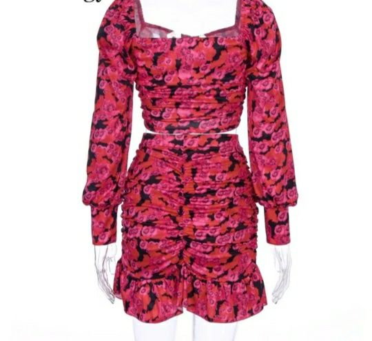 Set bluza fusta fronsate roz nou marime s-m