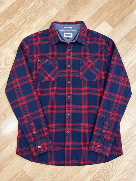 Cămașă Hilfiger Denim bărbați în carouri roșu și bleumarin, 100% bumbac, mărimea L