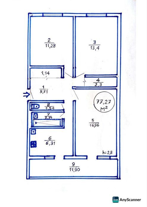3-комн. кв., 77.27 м², 2/4 этаж