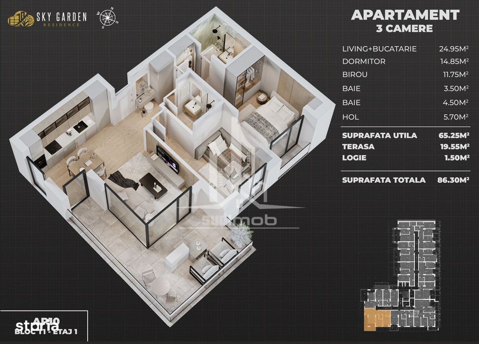 Apartament 3 camere open space 2 bai Sky Garden.