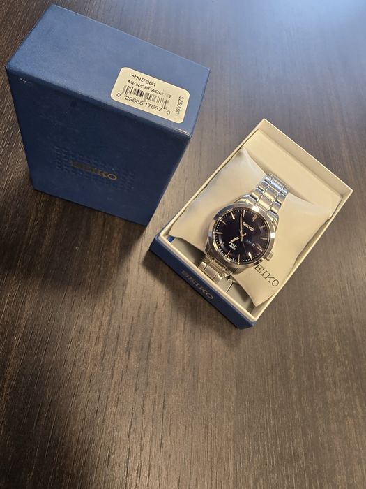 Seiko SNE361 Solar – ceas bărbătesc, set complet cu cutie originală și etichetă de preț