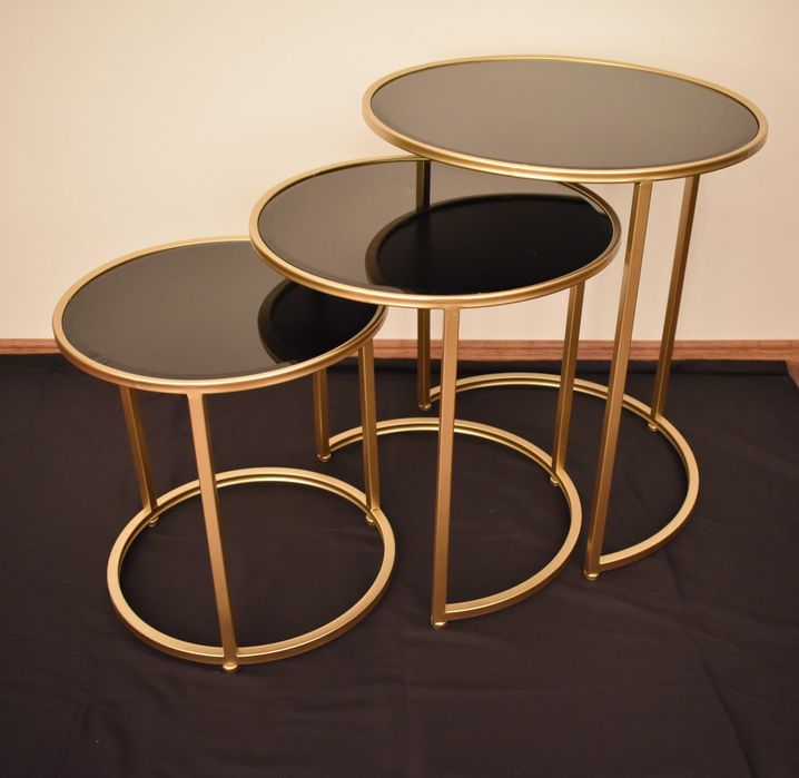 Set mese sticla 3 in 1 rotund negru cadru auriu -TRANSPORT GRATUIT