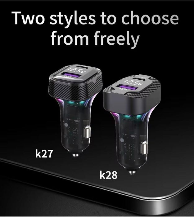 автомобилно зарядно за телефон rgb light pd30w usb c, волтметър ...