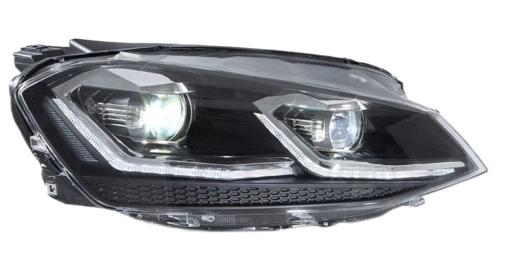 Set faruri VW Golf 7 (5k), 10.2012-2016, montare fata, stanga+dreapta, indicator dinamic; D2H+LED; manual; rama argintie; fara becuri; Tuning; halogen