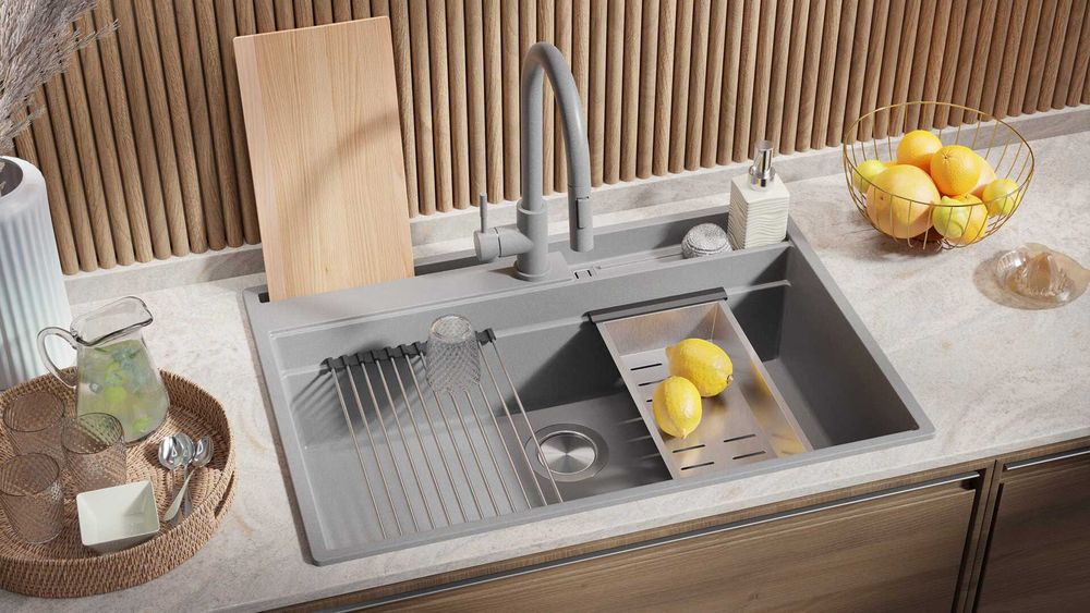 Сива кухненска мивка от гранит Осло 80 Премиум 780 x 530 мм