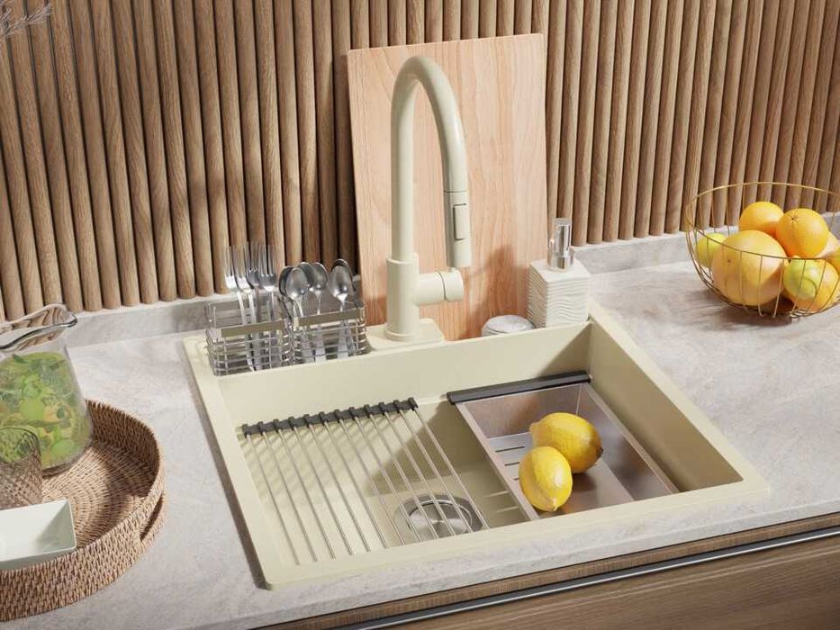 беж кухненска мивка за вграждане Берген 60 Double Pocket 560x540 мм