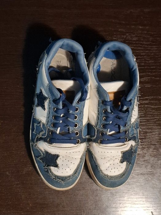 Tenişi Casual "Distressed Star" Design Denim Și Piele, Stil Urban- Măr