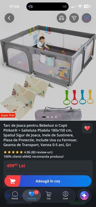 Țarc de joacă pentru bebeluși și copii Pitikot 180×150 cm și 69 cm înălțime