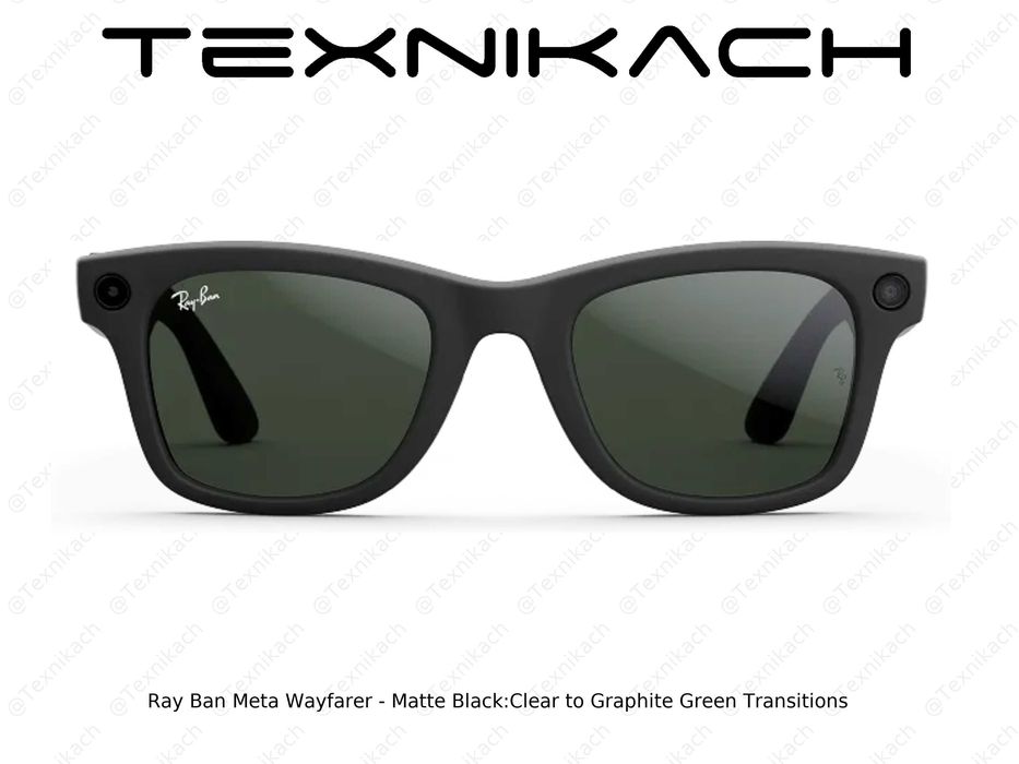 Новый • Ray Ban Meta Wayfarer Mate Black Clear Graphite Green Transiti
