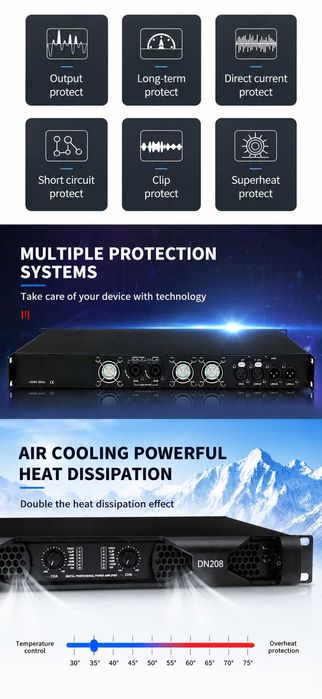 Profesional Amplificator Putere DN-208 (2 x 1200W 4 Ω, 2 x 800W 8 Ω) clasa D 1U - Nou
