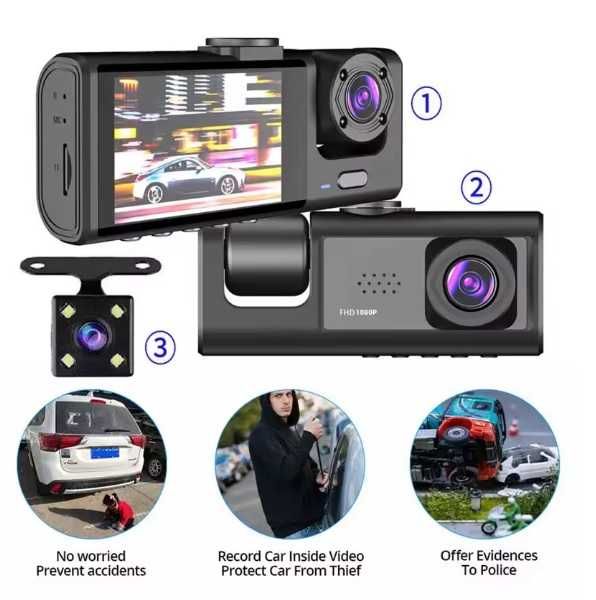 Camera Auto de Bord cu 3 camere , exterior , interior , si marsarier , Dash Cam WiFi 1080P, DVR pentru Vehicul, cu Inregistrare Video,  pentru Masina