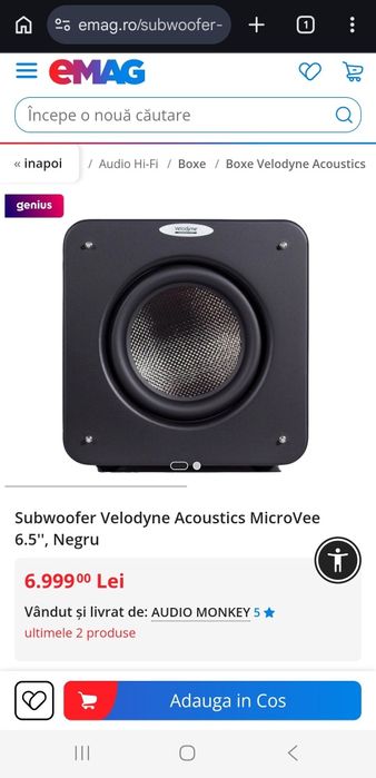 SUPER Subwoofer Velodyne Acoustics MicroVee 1000W rms, difuzor de 6,5 inch Long Throw, incinta inchisa (sealed)