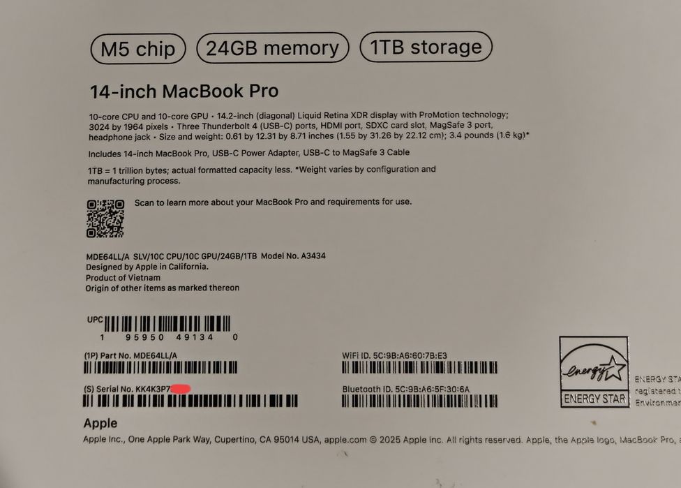 MacBook Pro 14 M5 24/1TB 33цикла/100%