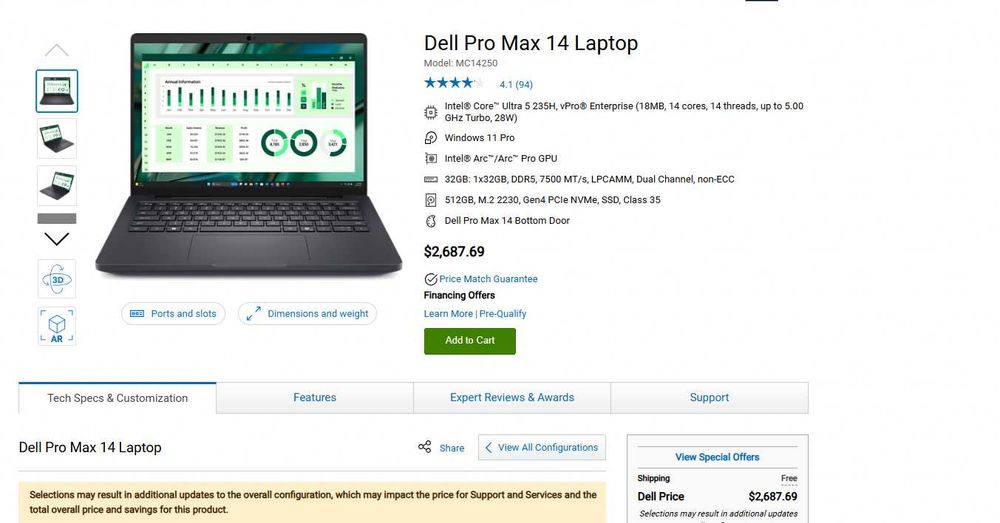 Laptop Dell Precision Pro Max 14 Workstation 14" FHD+ Ultra 5 225H 32GB Ram 512GB SSD Intel ARC Win11