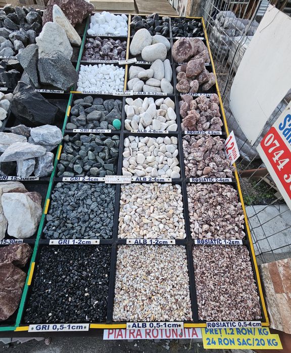 Piatra decorativa colturoasa si rotunjita alba gri Thassos bolovani