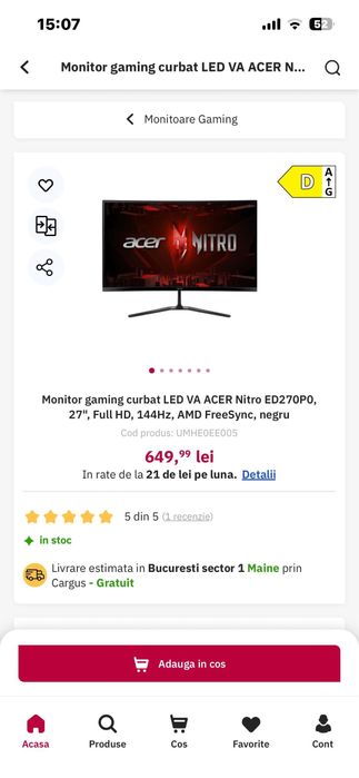 Monitor gaming curbat Acer ca nou