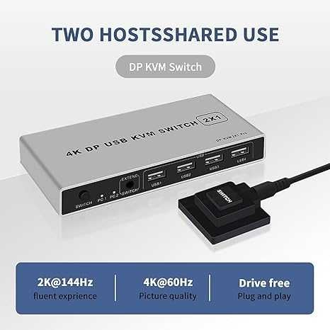 Displayport KVM превключвател 1 монитор 2 компютъра, ALYYDBG 4K USB