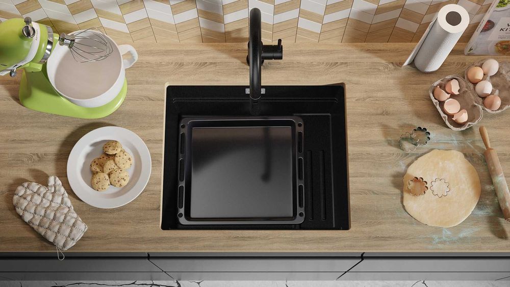 Черна гранитна мивка за вграждане под плот Прага 60 Level 560 x 470 мм