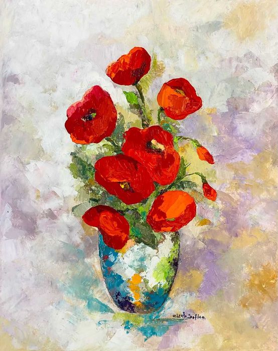 Tablouri cu tema florala pictate manual in ulei pe panza intinsa pe sasiu, 40x50 cm 350 lei, 40x40 300 lei, optional inramate