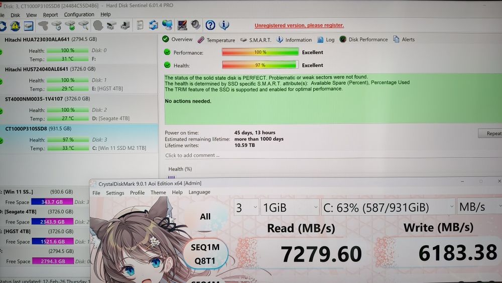 SSD M2 Crucial P310 1tb, 96% life, gen4 7300 / 6200mhz, optional radiator racire !